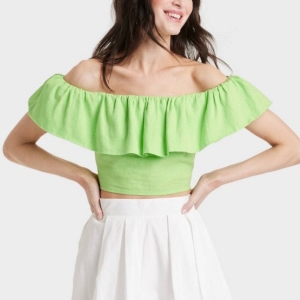 A New Day Ruffle Off the Shoulder Linen Blend Crop Top Lime Green M